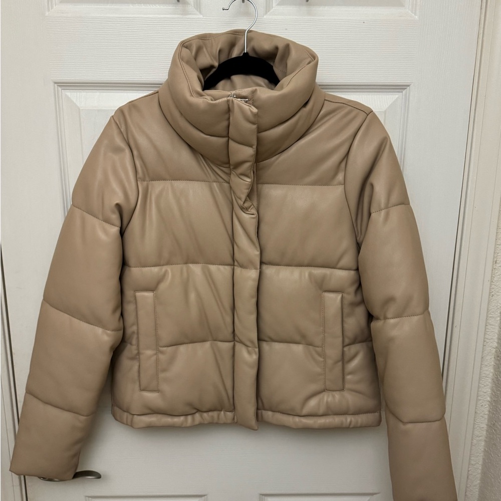 Abercrombie & Fitch Vegan Leather Mini Puffer in Beige